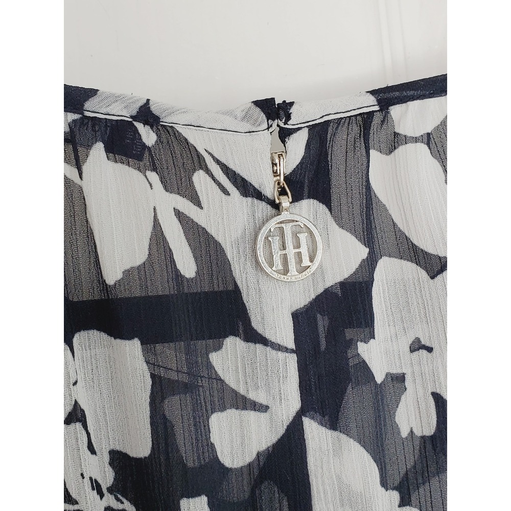 Tommy Hilfiger SHEER Maxi Dress Navy White Floral Chiffon Tiered Short Sleeve 18 - Picture 5 of 7